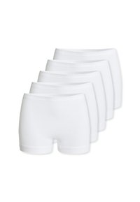 Weiße Baumwollboxershorts gestapelt, mit einer weichen Textur und einem schlichten Design. Jedes Paar hat einen glatten Bund ohne sichtbare Muster.