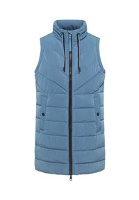Gilet sans manches matelassé bleu clair avec un col haut, fermeture éclair à l'avant et deux poches latérales. Texture matelassée verticale sur toute la surface.
