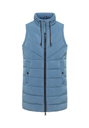 Gilet sans manches matelassé bleu clair avec un col haut, fermeture éclair à l'avant et deux poches latérales. Texture matelassée verticale sur toute la surface.
