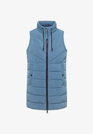 Lichtblauwe mouwloze puffer vest met een hoge kraag, ritssluiting aan de voorkant en twee zijzakken. Verticaal gestikte textuur over de hele vest.