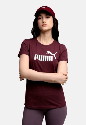 Burgundy short-sleeve t-shirt with white "PUMA" logo and black puma graphic; paired with a matching burgundy cap. Smooth fabric texture.