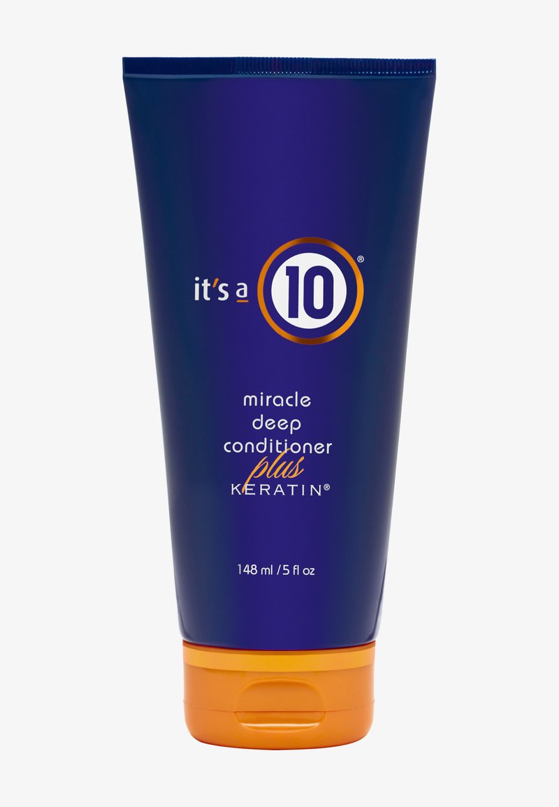Tube de 148 ml bleu foncé et orange du produit capillaire "It's a 10" Miracle Deep Conditioner Plus Keratin.