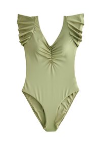 Maillot de bain une pièce en tissu vert doux. Présente des manches volantées, un décolleté en V profond et des détails froncés au centre devant. Texture lisse.