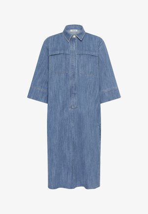 Denim dress with a light blue wash, collar, and front button closure. Features two chest pockets and short, wide sleeves.