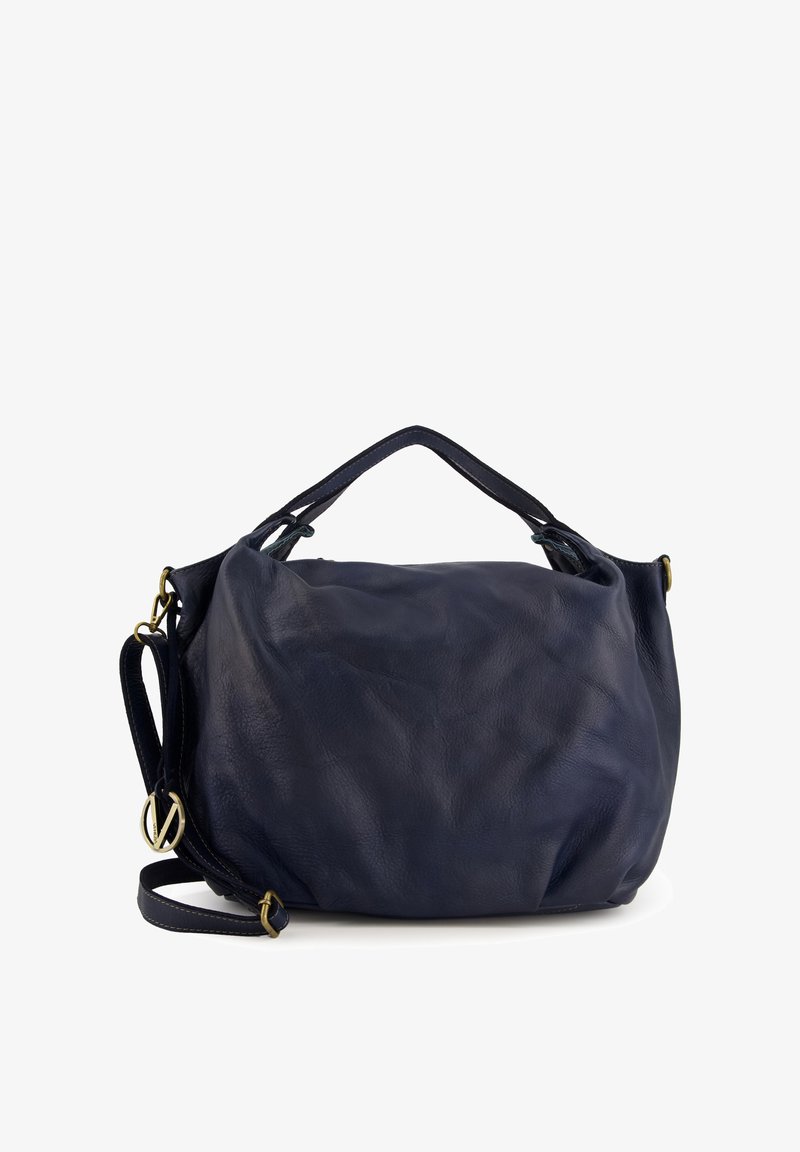 Navy blue leather handbag with a soft texture, rounded shape, short handles, and a long adjustable strap. Features gold-tone hardware accents.