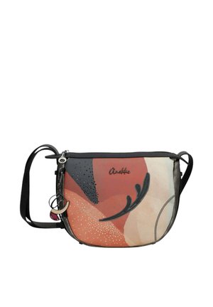 Borsa a tracolla con design astratto arancione, beige e nero, tracolla nera regolabile, cerniera argento e portachiavi a forma di mezzaluna.