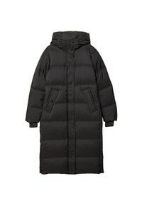 Černá péřov�á bunda, délka ke kolenům, s kapucí, dvěma předními kapsami, prošívaným designem a elastickými manžetami. Hladký, lesklý materiál.