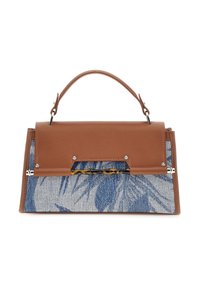 Brązowa skórzana torba na ramię z przodem z tekstyliów w niebieski kwiatowy wzór, o wyraźnie ukształtowanym kształcie, z uchwytem na górze i złotymi ozdobami.