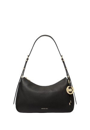 Schwarze Leder-Umhängetasche mit goldenem Michael Kors Logo-Anhänger und kleinem goldfarbenem Markennamen vorne, verstellbarer Riemen mit goldenen Akzenten.