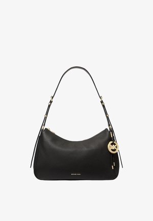 Borsa a tracolla in pelle nera con ciondolo logo Michael Kors dorato e piccolo nome del marchio dorato sul davanti, tracolla regolabile con dettagli dorati.
