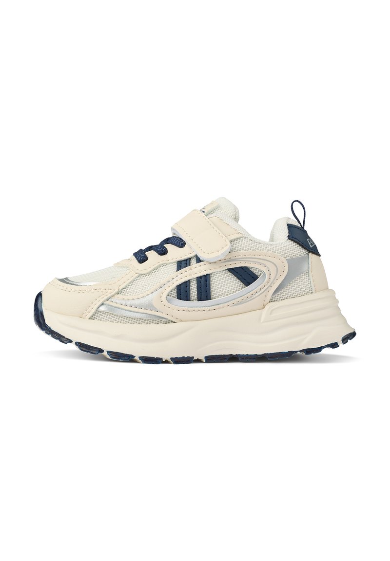 White and navy sneaker with mesh and synthetic upper, rounded toe, velcro strap, and textured sole. Includes a loop at the heel.