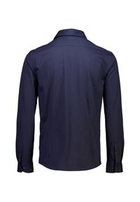 Marineblaues Langarmhemd mit klassischem Kragen, geknöpften Manschetten und glatter Textur, mit einem klaren und schlanken Rückendesign.