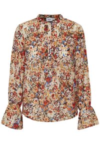Blusa floral de manga larga con puños con volantes, cierre de botones en la parte delantera, detalles de pliegues y un patrón multicolor en rojo, naranja, beige y azul.