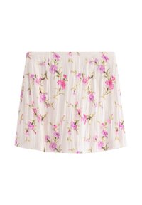 Blomstermini nederdel i let stof med pink og lilla blomster mønstre, der har en udvidet form og en blød, struktureret overflade.