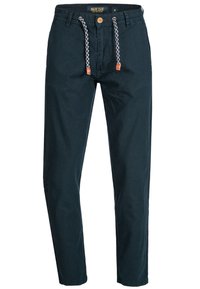 Pantaloni in cotone blu navy con vita regolabile tramite cordino, dotati di chiusura a bottone e cordini intrecciati a contrasto. Vestibilità casual con gambe dritte.