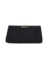 Clutch bag in suede nera con forma rettangolare. Presenta una texture liscia e un accento in pelle nera con logo sul davanti.