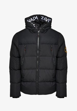 Black puffer jacket with a zippered front, adjustable hood, and two zippered pockets. Features a stitched quilted design and a logo patch on the sleeve.