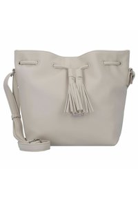 Hellgraue Bucket-Tasche aus strukturiertem Leder. Verfügt über einen Kordelzugverschluss und ein Quastendetail vorne. Inklusive abnehmbarem Schulterriemen.