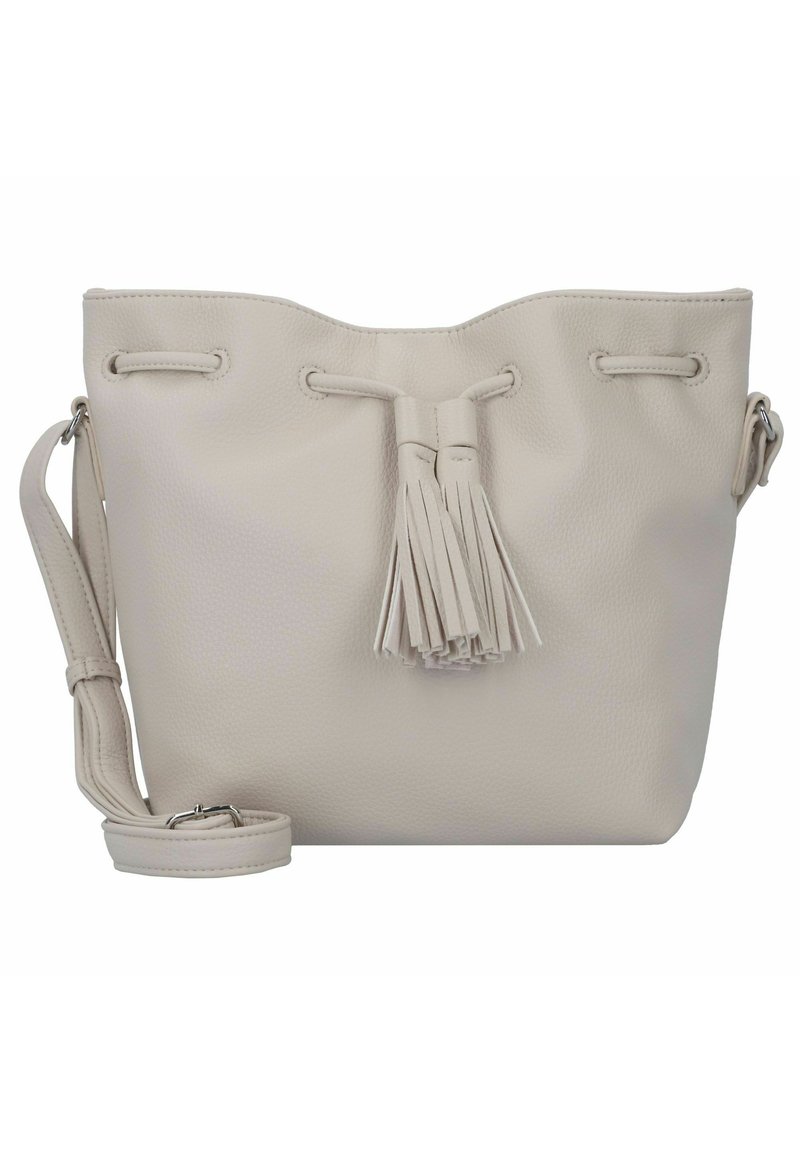 Hellgraue Bucket-Tasche aus strukturiertem Leder. Verfügt über einen Kordelzugverschluss und ein Quastendetail vorne. Inklusive abnehmbarem Schulterriemen.