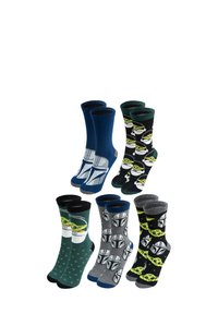 Set di sei paia di calzini. Include blu, verde, grigio e nero, con personaggi dei cartoni e vari motivi come stelle e elmi.