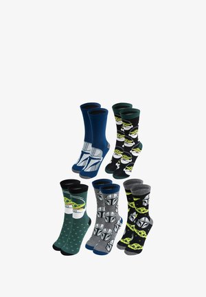 Set of six pairs of socks. Includes blue, green, gray, and black, featuring cartoon characters and various patterns like stars and helmets.