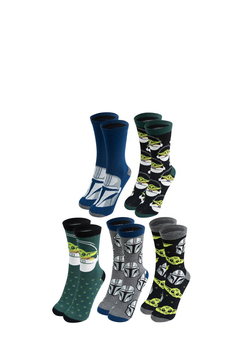 Set di sei paia di calzini. Include blu, verde, grigio e nero, con personaggi dei cartoni e vari motivi come stelle e elmi.