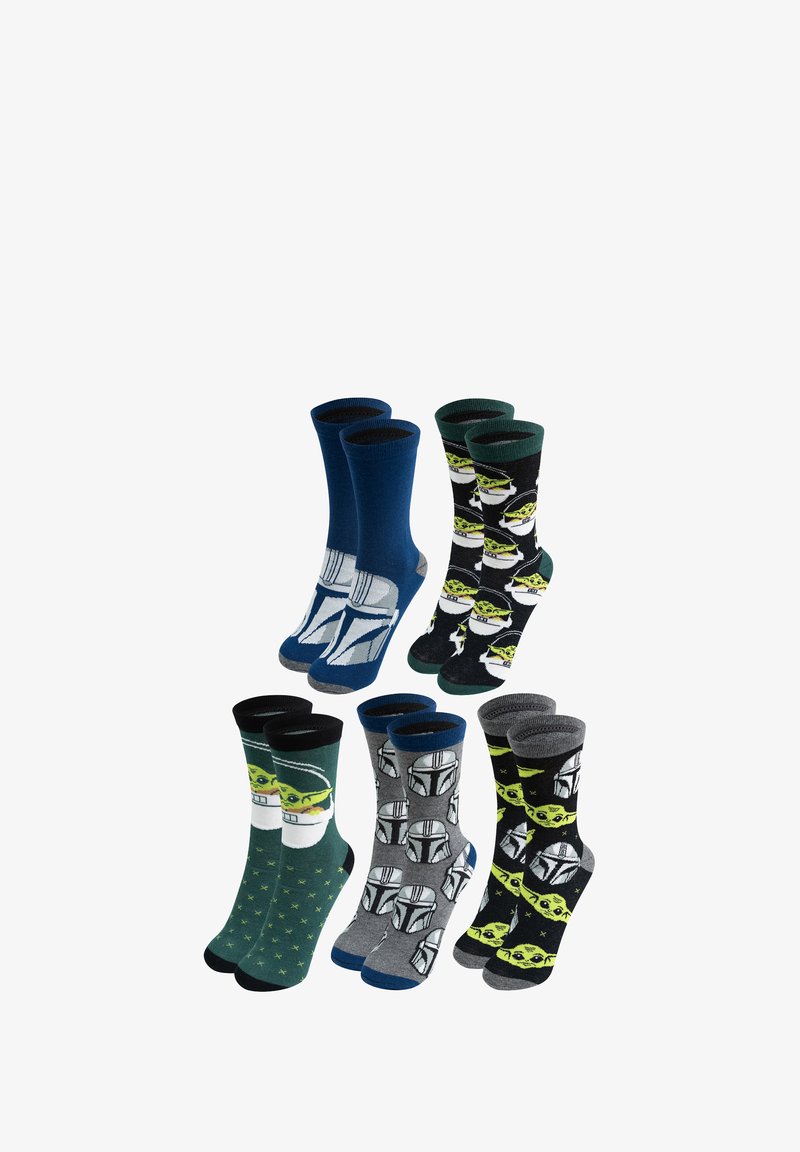 Set di sei paia di calzini. Include blu, verde, grigio e nero, con personaggi dei cartoni e vari motivi come stelle e elmi.