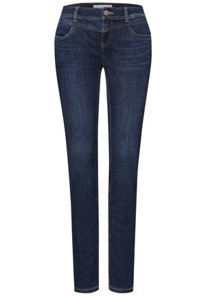 Mørkeblå straight-leg denimjeans med lommer foran og bagpå, bæltestropper samt knap- og lynlåslukning foran.