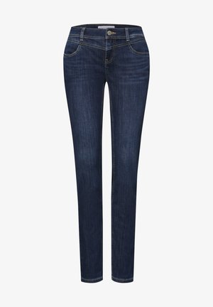 Tmavě modré džíny s rovnými nohavicemi, předními a zadními kapsami, poutky na pásek a zapínáním na knoflíky a zip vpředu.