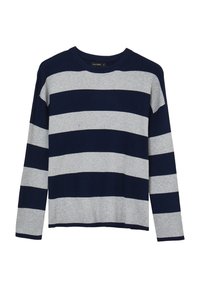 Pull rayé avec des couleurs alternées bleu marine et gris clair, texture côtelée, col rond et manches longues.