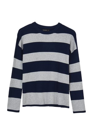 Maglione a righe con alternanza di blu navy e grigio chiaro, texture a coste, collo tondo e maniche lunghe.