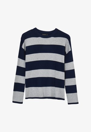 Maglione a righe con alternanza di blu navy e grigio chiaro, texture a coste, collo tondo e maniche lunghe.