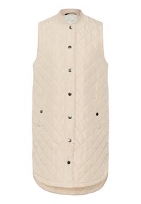 Beżowa, pikowana kamizelka bez rękawów z okrągłym dekoltem, zapięciem na zatrzaski i bocznymi kieszeniami. Posiada wzór w romby oraz zaokrąglony dół.