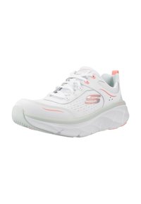 White athletic shoe with a mesh upper, pink accents, and a thick, cushioned sole. Features laces and a textured pattern on the material.