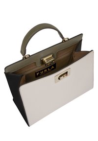 Strukturalna skórzana torebka w kolorach czarnym, kremowym i oliwkowym. Posiada złote zapięcie, górny uchwyt oraz otwartą przegrodę z metką.