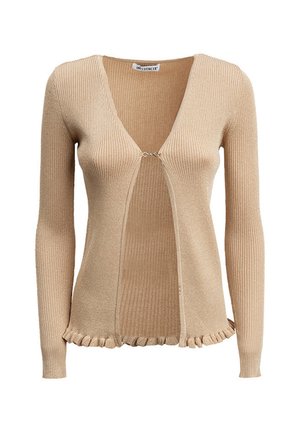 Beige gerippte Strickjacke mit langen Ärmeln, V-Ausschnitt und einer vorderen Verschlussklammer. Auffälliger, gerüschter Saum für zusätzliche Struktur.