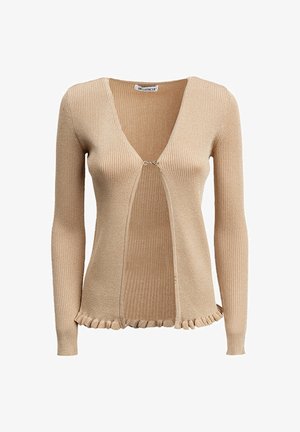 Cárdigan beige acanalado con mangas largas, escote en v y cierre delantero con broche. El dobladillo con volantes destacable añade textura.