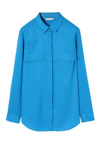 Blue long-sleeve shirt with a pointed collar, button front, and two chest pockets. Smooth fabric with a slightly loose fit and curved hem.