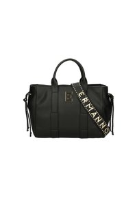 Borsa a tracolla nera in pelle con design strutturato, dotata di manici superiori, tracolla regolabile con testo "ERMANNO" e borchie decorative.