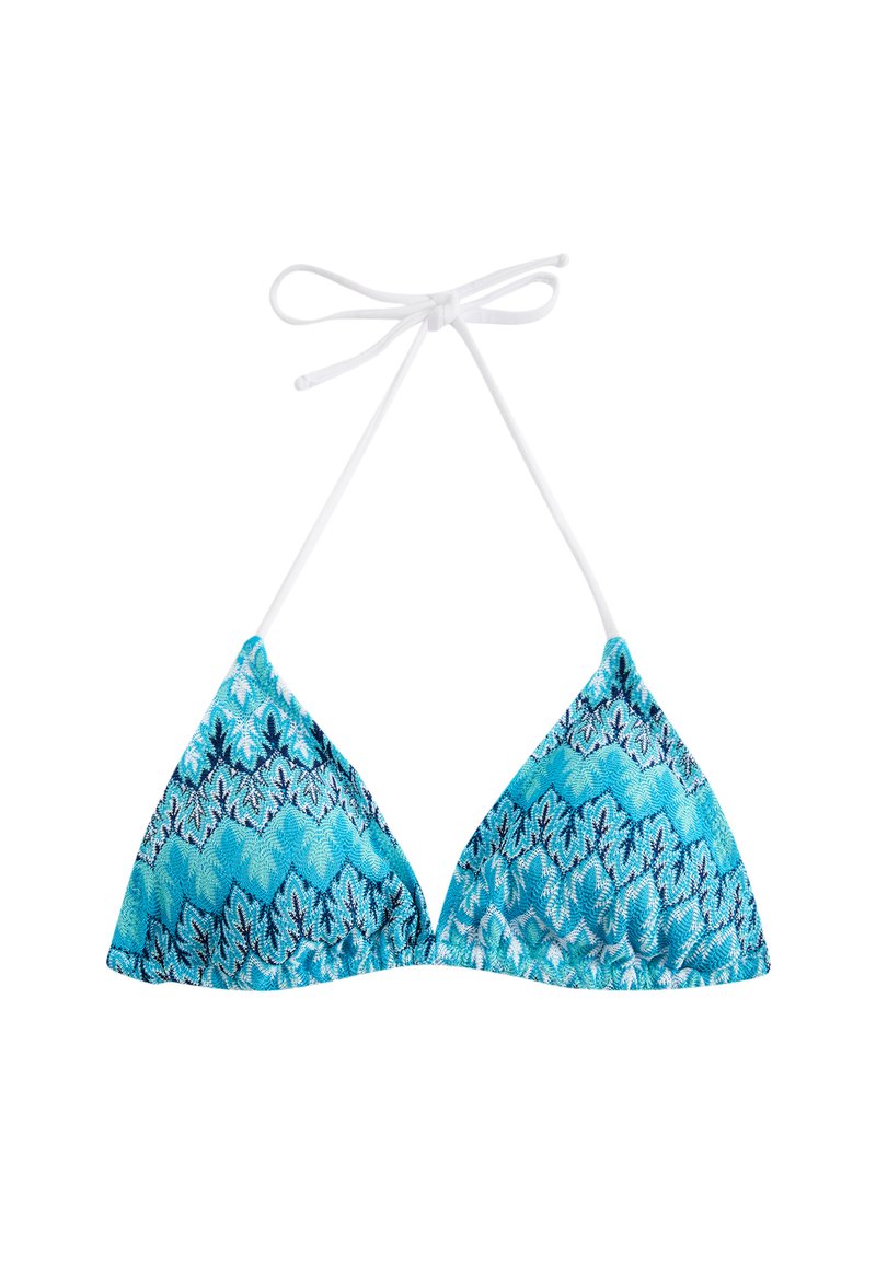 Top de bikini triangular con un patrón turquesa que presenta tonos de azul y blanco. Se ata en el cuello y en la espalda con tirantes blancos. Acabado texturizado.