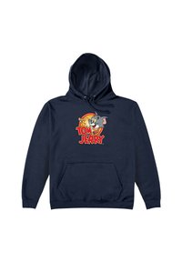 Felpa blu navy con tasca frontale e cappuccio con cordino. Design stampato di Tom e Jerry, con colori vivaci e stile cartoon.
