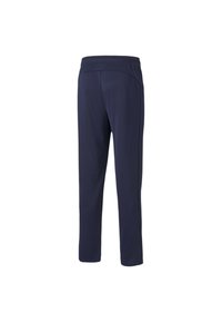 Navy blue athletic pants made from soft fabric, featuring a stretchy waistband, tapered legs, and a smooth texture with no visible patterns.