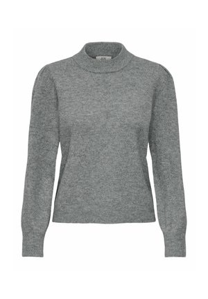 Pulover gri tricotat cu guler înalt, mâneci lungi și manșete cu nervuri. Textură moale, design ajustat și detalii discrete de cusătură.