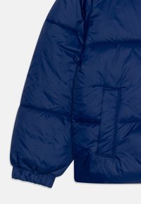 Giacca puffer blu navy con design trapuntato, polsini elasticizzati e tasca a scomparsa sul lato sinistro. Materiale liscio con una lucentezza moderata.