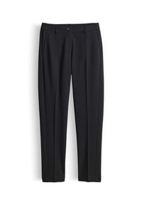 Pantalon noir sur mesure avec passants de ceinture, poches latérales, bouton frontal et fermeture éclair, présenté à plat sur un fond blanc.
