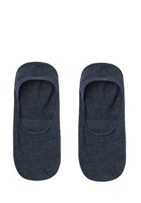 Mörkblå, ankellånga strumpor gjorda av ett slätt, elastiskt tyg med en lågt skuren design. Har subtila ribbningar längs övre kanten.