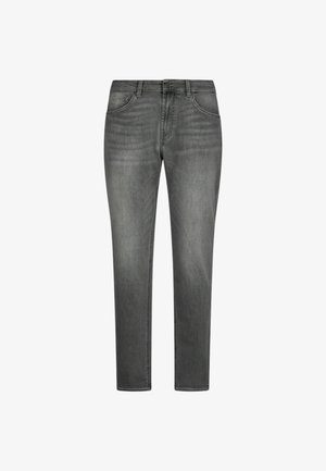 Jeans in denim grigio con una vestibilità classica, dotati di tasche frontali, chiusura con zip e leggere sfumature per un tocco di texture. Design a gamba dritta.