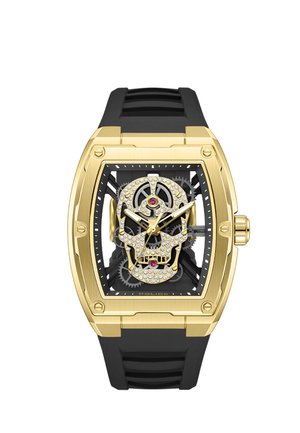 Gouden rechthoekig polshorloge met zwarte band, skeletwijzerplaat met een met kristallen bezette schedel en zichtbare tandwielmechanismen.
