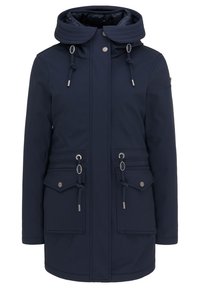 Chaqueta impermeable azul marino con capucha, cremallera frontal y cordones. Cuenta con dos bolsillos frontales y detalles texturizados en la capucha.