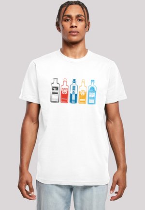 White t-shirt featuring a graphic of five colorful bottles, each with distinct labels in black, red, blue, orange, and yellow.
